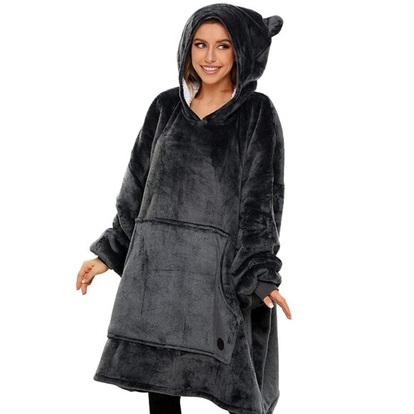 THREE POODLE Wearable Blanket Hoodie, Oversized Sherpa Blanket Sweatshirt - Picture 2 of 7